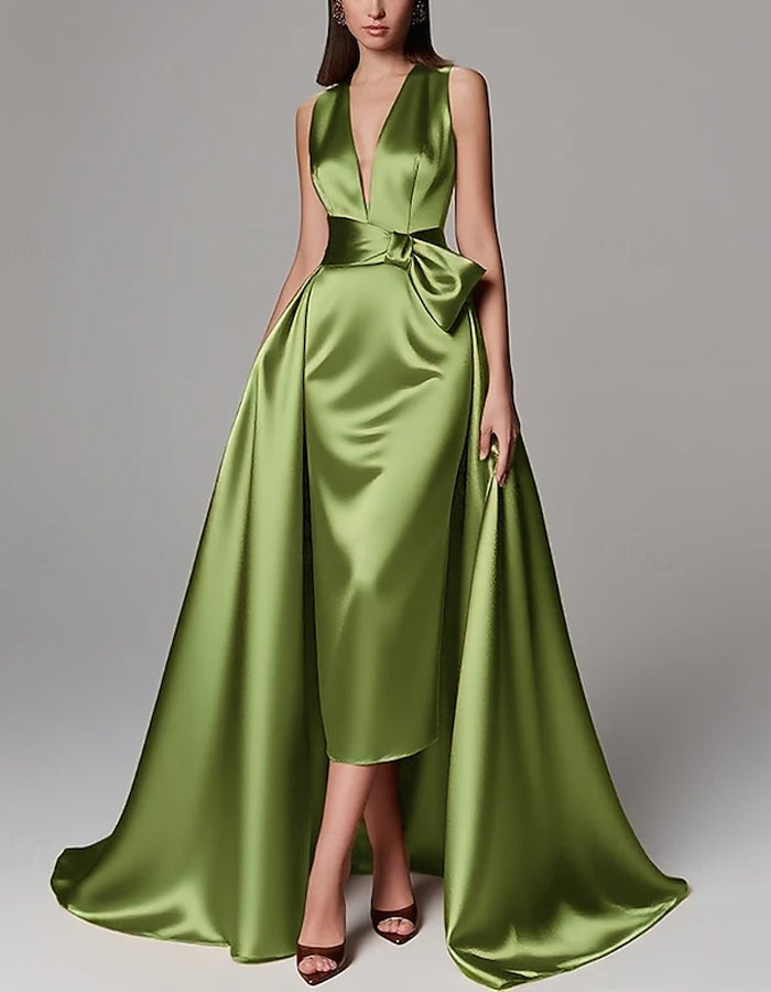 Solid Color A-line Formal Floor-length Long Sleeve Satin Ribbon Bow Maxi Dress