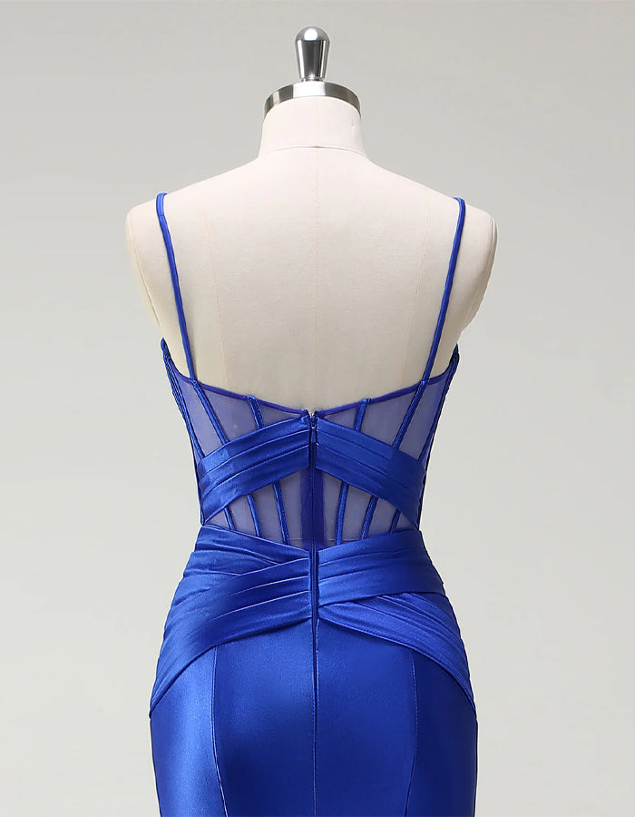 Blue Mermaid Spaghetti Strap Satin Corset Slit Ball Gown Maxi Dress