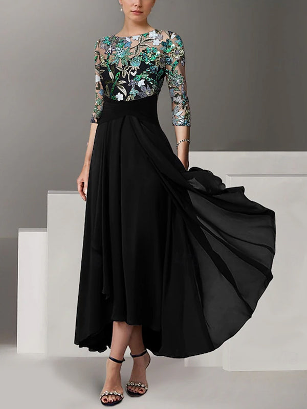 Vestido de Noche Vintage de Gasa con Bordado de Lentejuelas, Manga Media y Corte en A para la Madre de la Novia