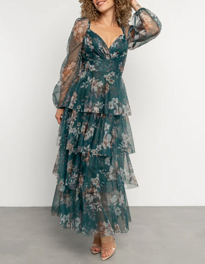 Green Chiffon Print Maxi Dress