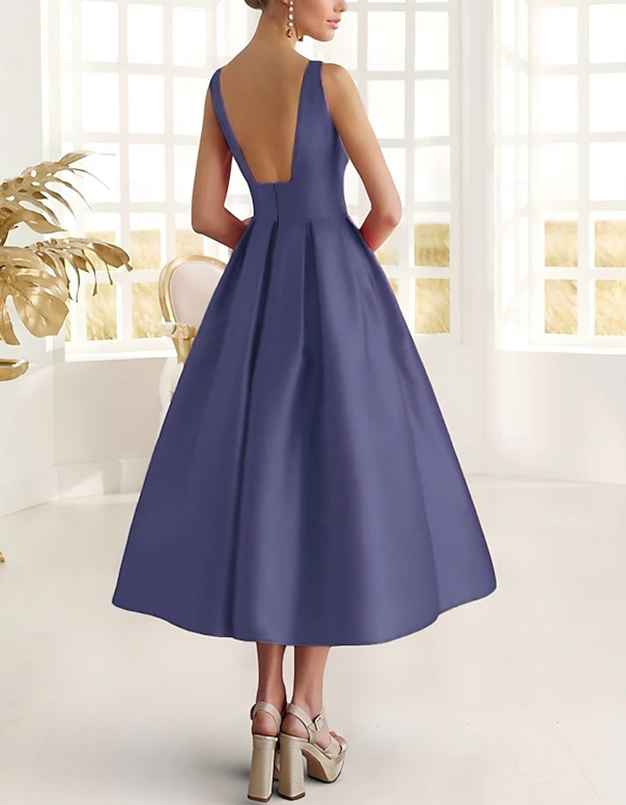 Solid Color Satin 3d Flowers Midi Dress