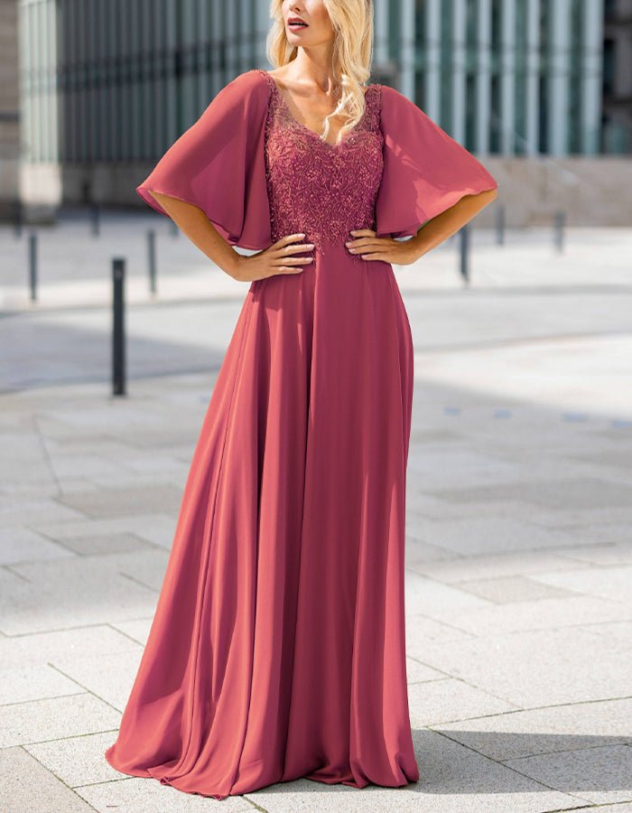 V-neck Solid Color Lace Chiffon Maxi Dress