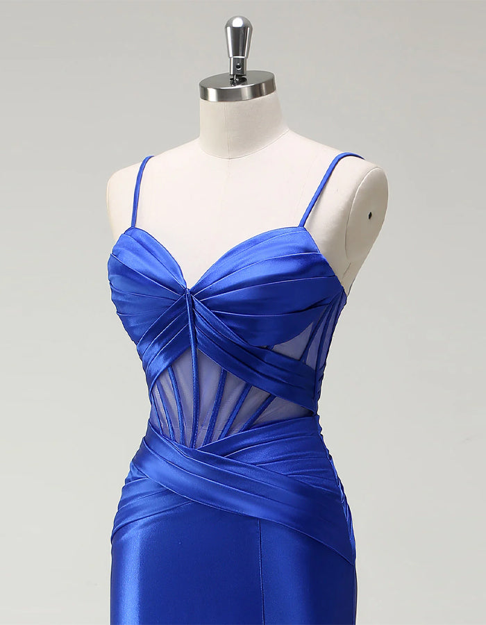 Blue Mermaid Spaghetti Strap Satin Corset Slit Ball Gown Maxi Dress