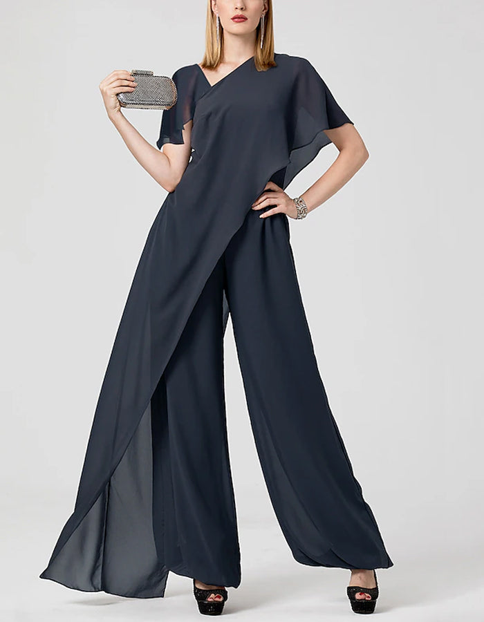 Solid Color V-neck Chiffon Crisscross Jumpsuit