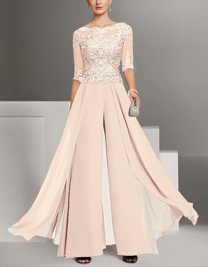 Solid Color Chiffon Lace Bridal Mother Jumpsuit