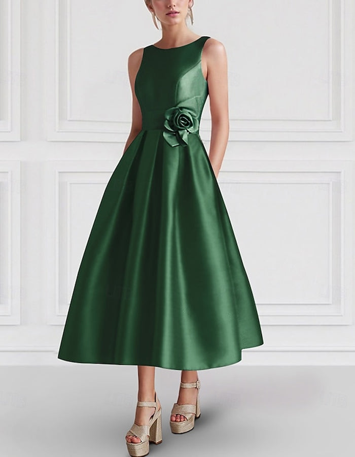 Solid Color Satin 3d Flowers Midi Dress