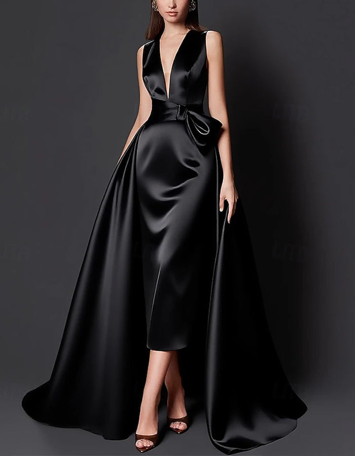 Solid Color A-line Formal Floor-length Long Sleeve Satin Ribbon Bow Maxi Dress