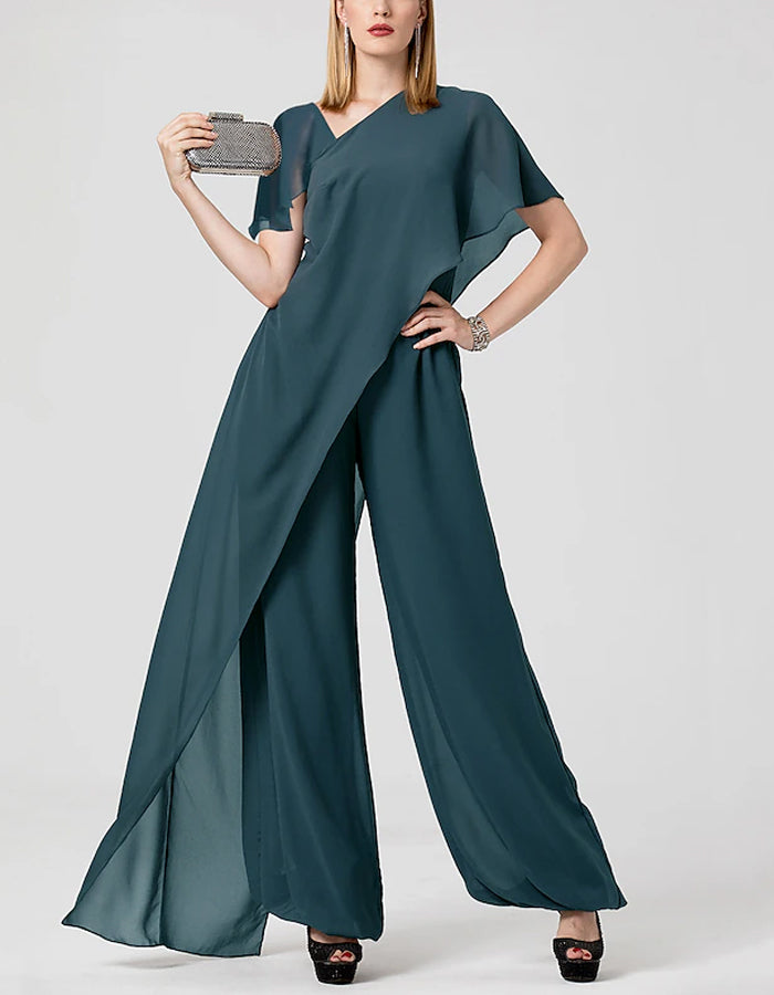 Solid Color V-neck Chiffon Crisscross Jumpsuit