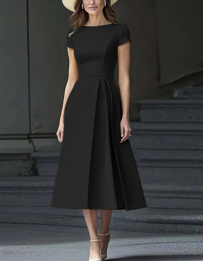 Solid A-line Short Sleeves Midi Dress