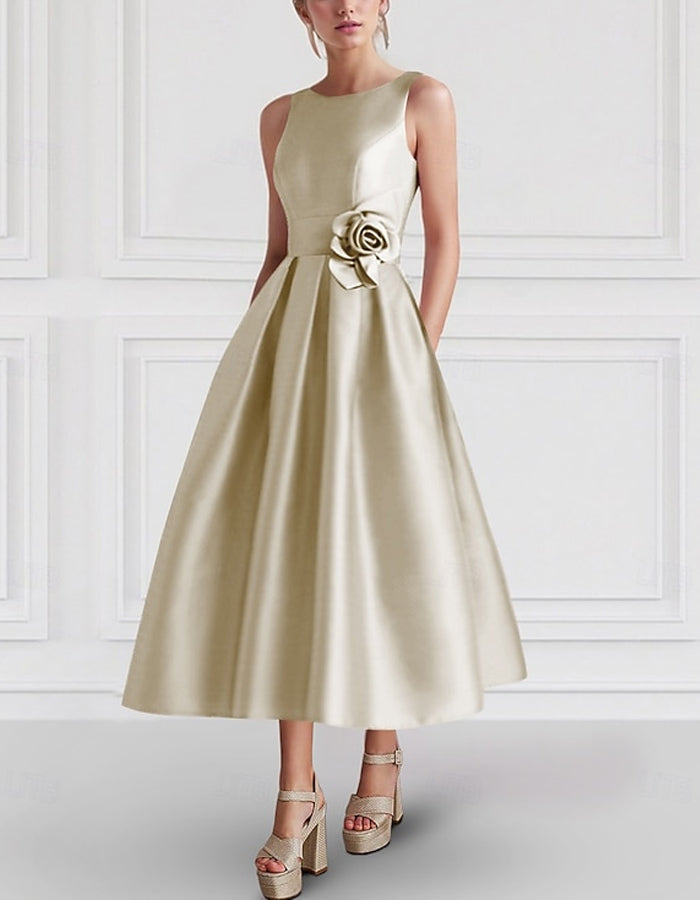 Solid Color Satin 3d Flowers Midi Dress