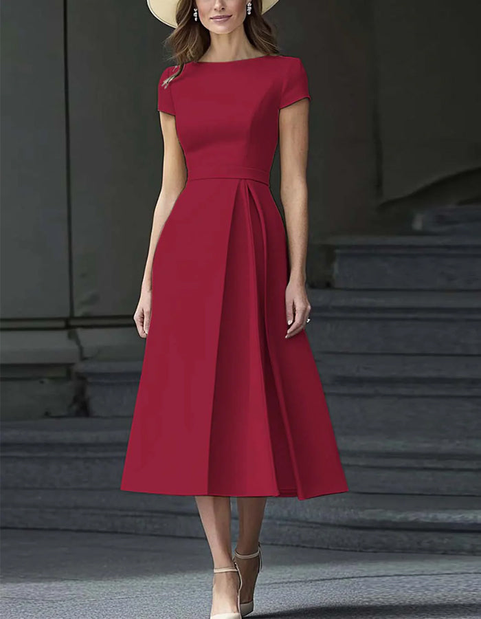 Solid A-line Short Sleeves Midi Dress