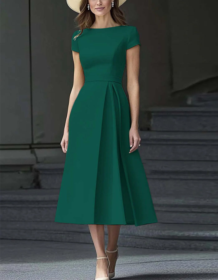 Solid A-line Short Sleeves Midi Dress