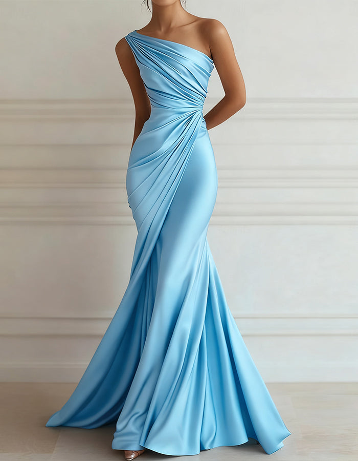 Vestido maxi de satén elástico plisado con un hombro
