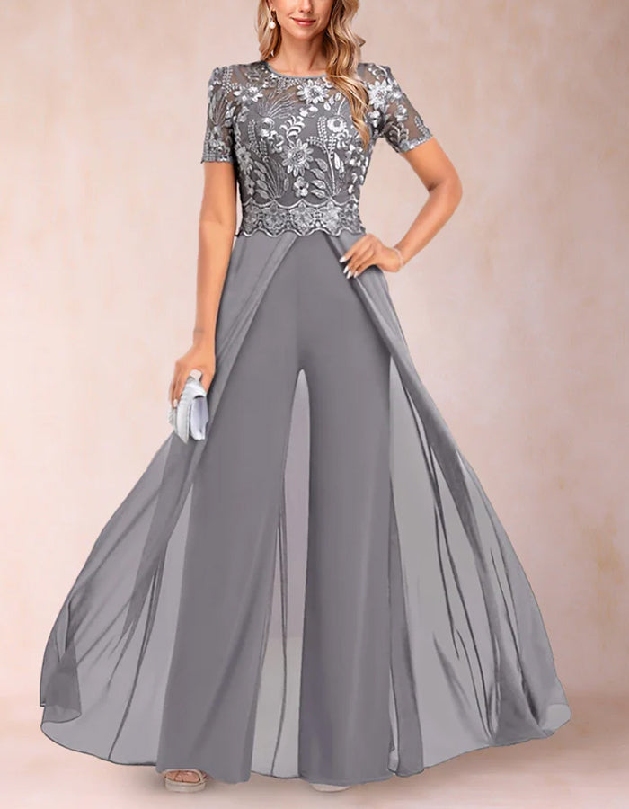 A-line Round Neck Short-sleeved Lace Jumpsuit