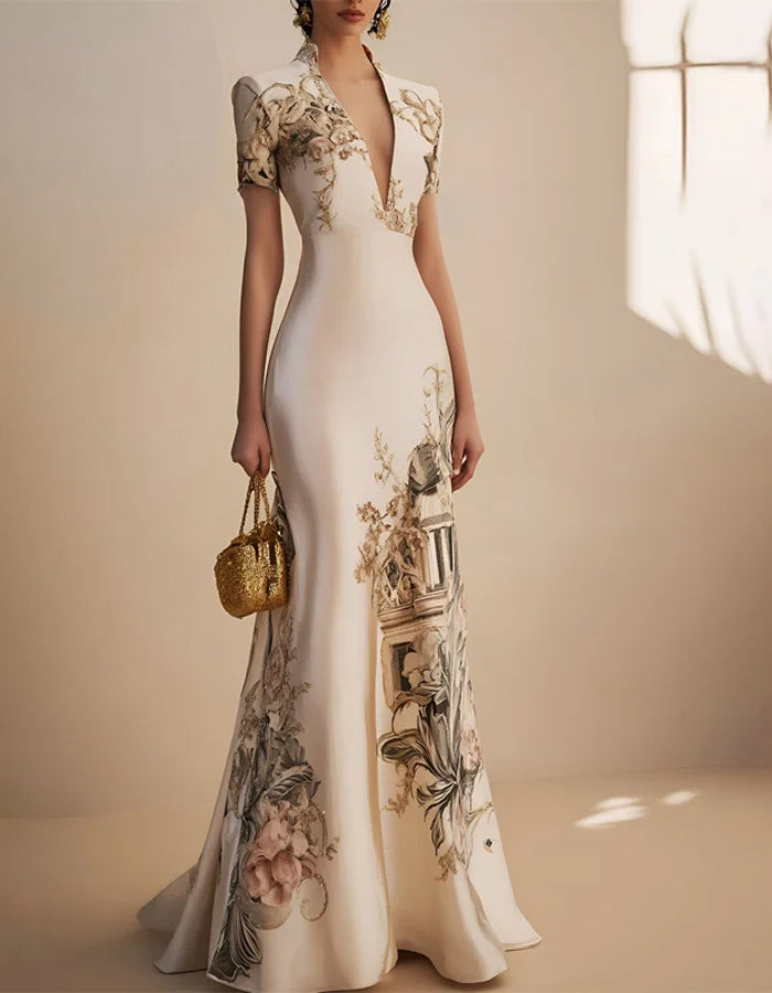 Elegant Cream Satin Gown with Baroque-Inspired Print and Structured Shoulders