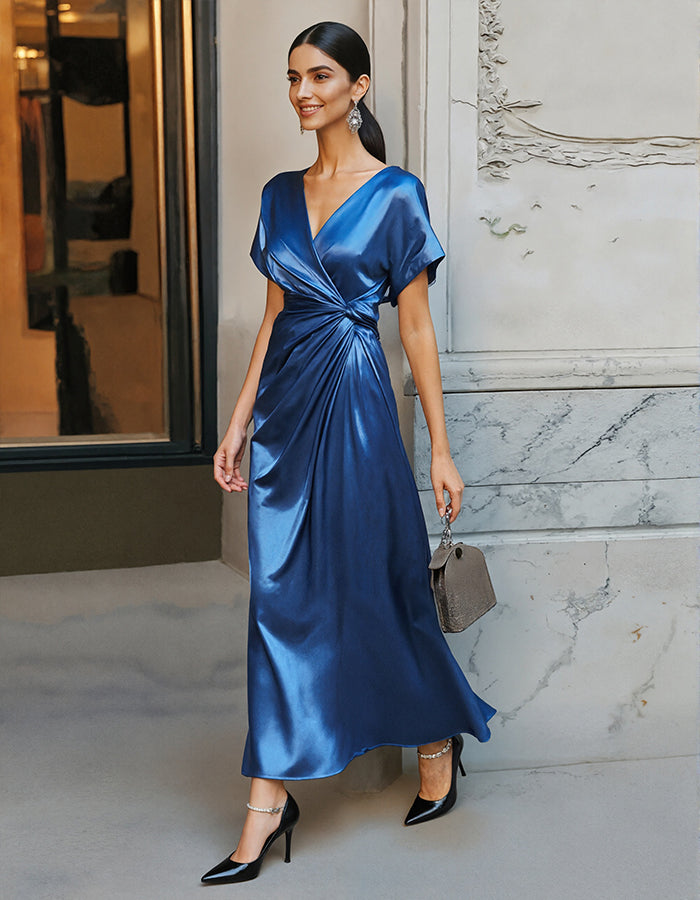 Sophisticated Sapphire Blue Satin Dress with Knot Detail and Flutter Sleeves