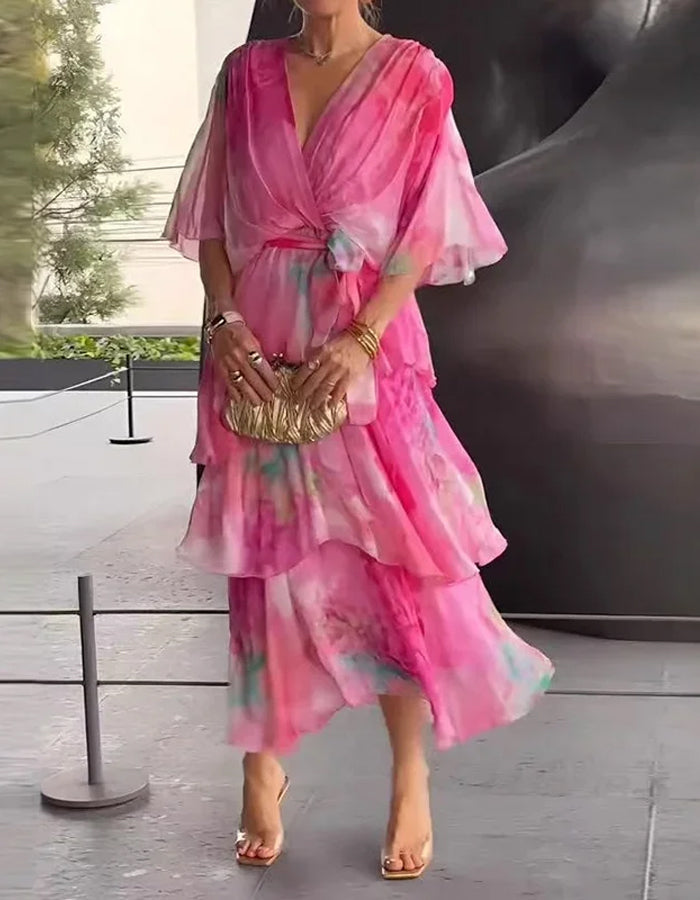 Ethereal Chiffon Midi Dress with Watercolor Ruffle Layers