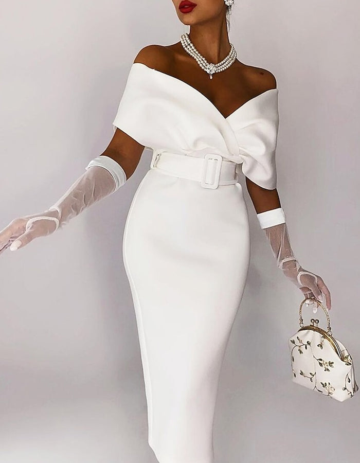 Sleeveless Off The Shoulder Stretch Fabric Midi Dress