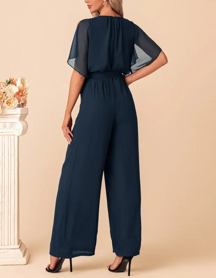 Navy Blue Chiffon Jumpsuit with Flowing Sleeves and Waist Tie