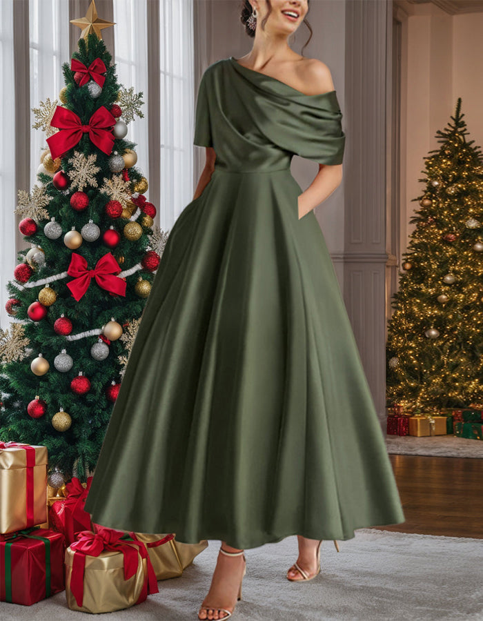 One Shoulder Solid Color Midi Dress