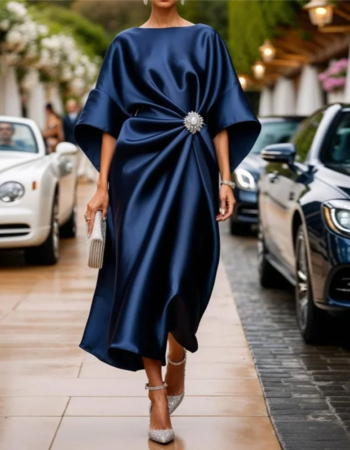 Short Sleeves Solid Satin Midi Dress
