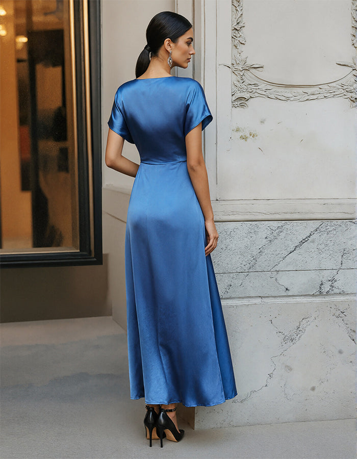 Sophisticated Sapphire Blue Satin Dress with Knot Detail and Flutter Sleeves
