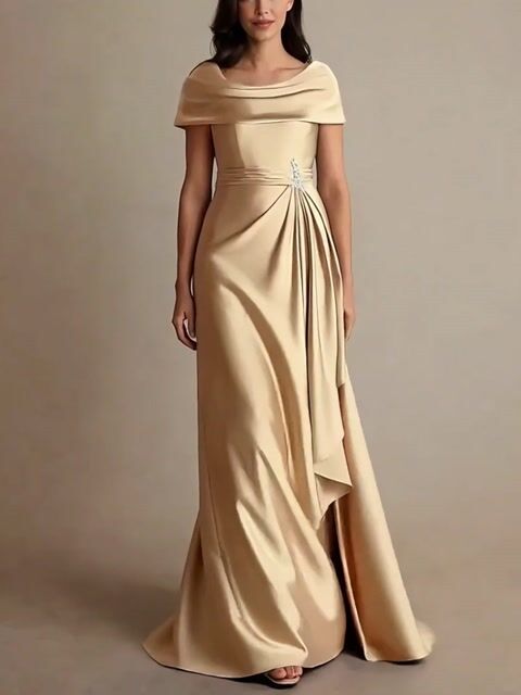 Champagne Silk Short Sleeves  Maxi Dress