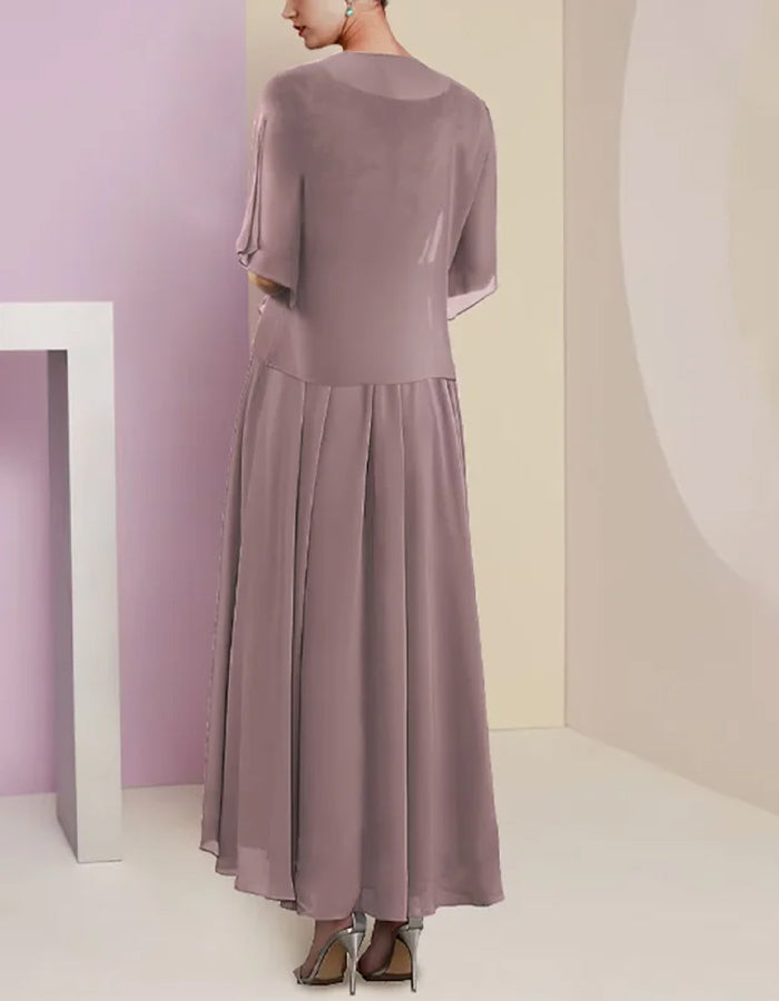 Sequined Pink Brown V-neck Short Sleeve Chiffon Dress Set