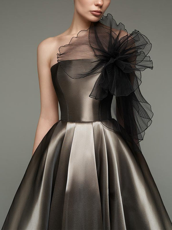 Champagne Strapless Satin Maxi Dress