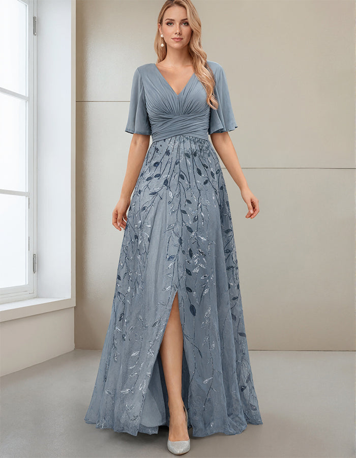 A-line V-neck Half-sleeve Side-slit Mother Of The Bride Maxi Dress