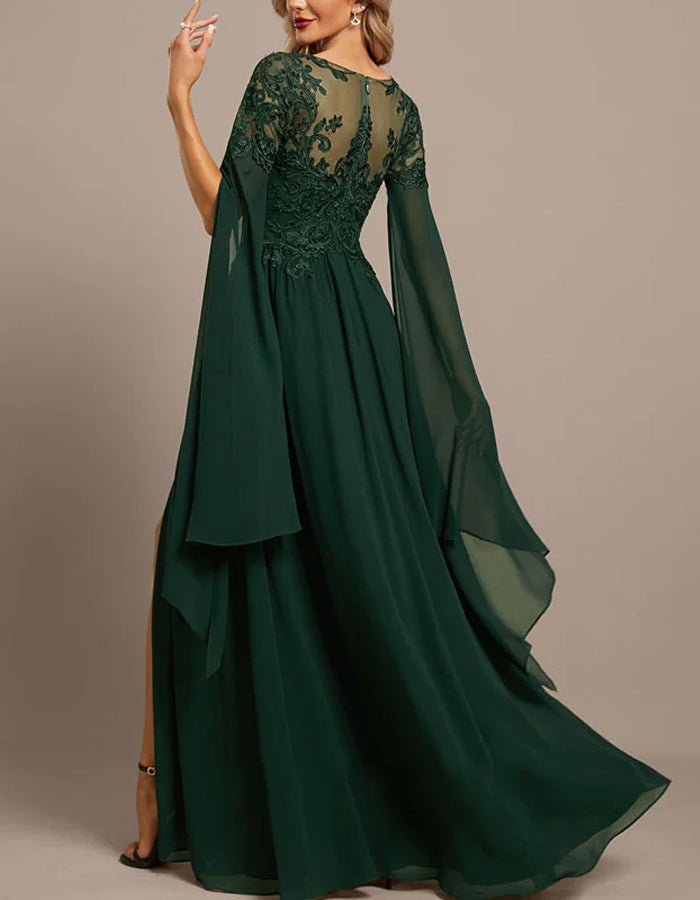 Emerald Green Lace Sleeve Evening Gown with High Slit