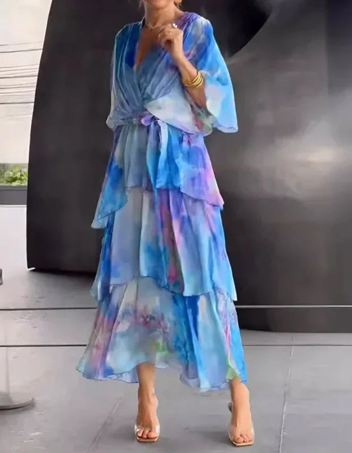 Ethereal Chiffon Midi Dress with Watercolor Ruffle Layers