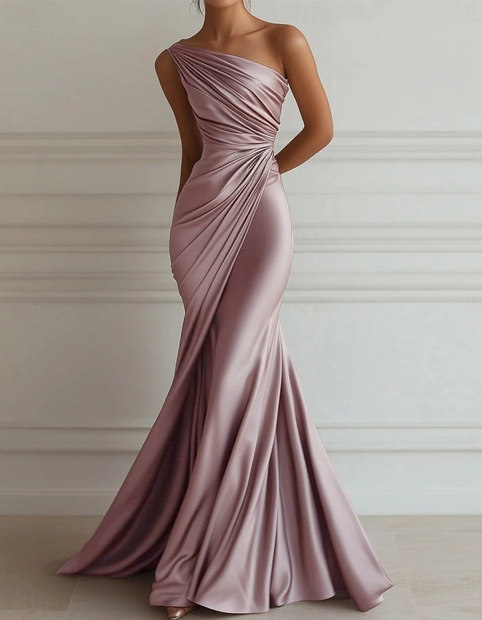 Vestido maxi de satén elástico plisado con un hombro