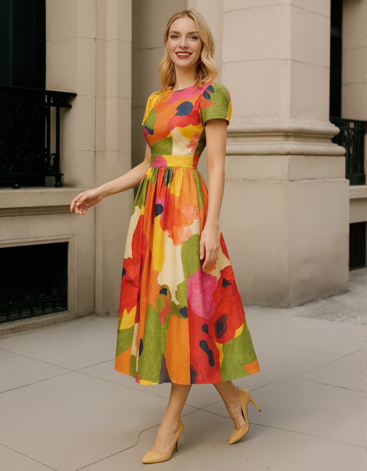 Robe midi en satin multicolore éclatant avec manches bouffantes et jupe plissée