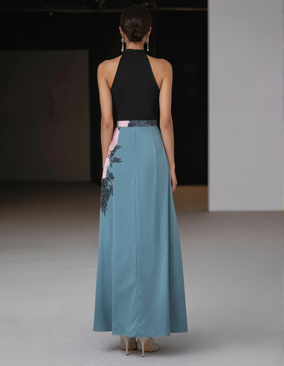 Elegant Black and Teal Satin Gown with Floral Waist Detail and Front Slit