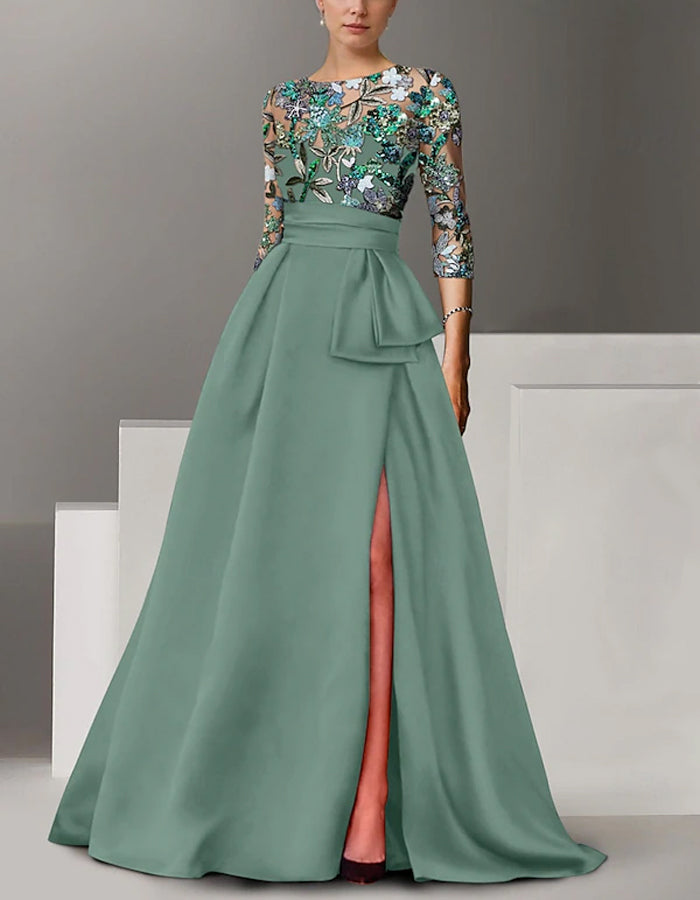 Vestido largo de raso con cuello redondo y mangas de lentejuelas
