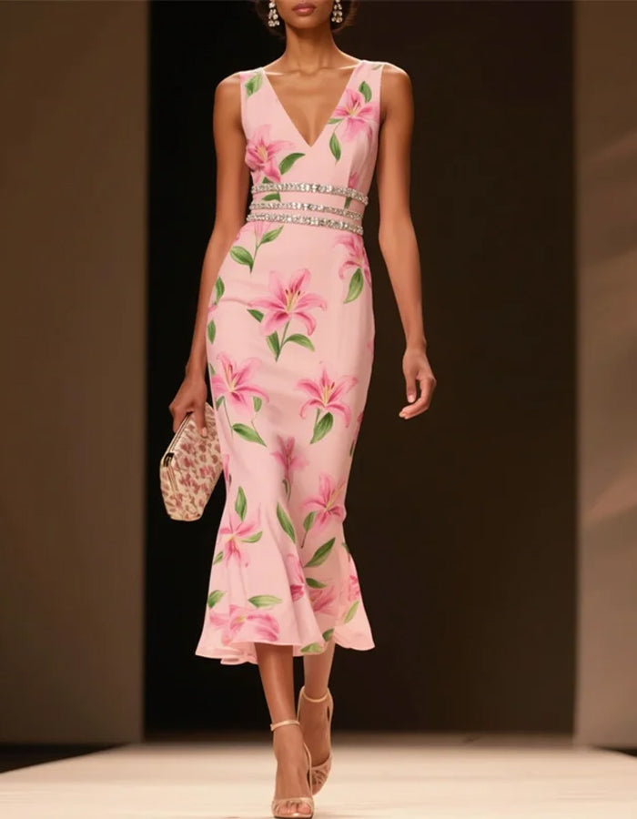 Charming Pink Floral Midi Dress with Crystal Waist Detailing