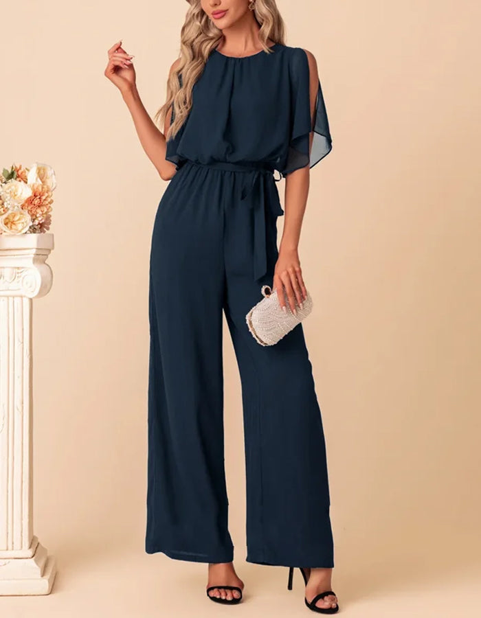 Navy Blue Chiffon Jumpsuit with Flowing Sleeves and Waist Tie
