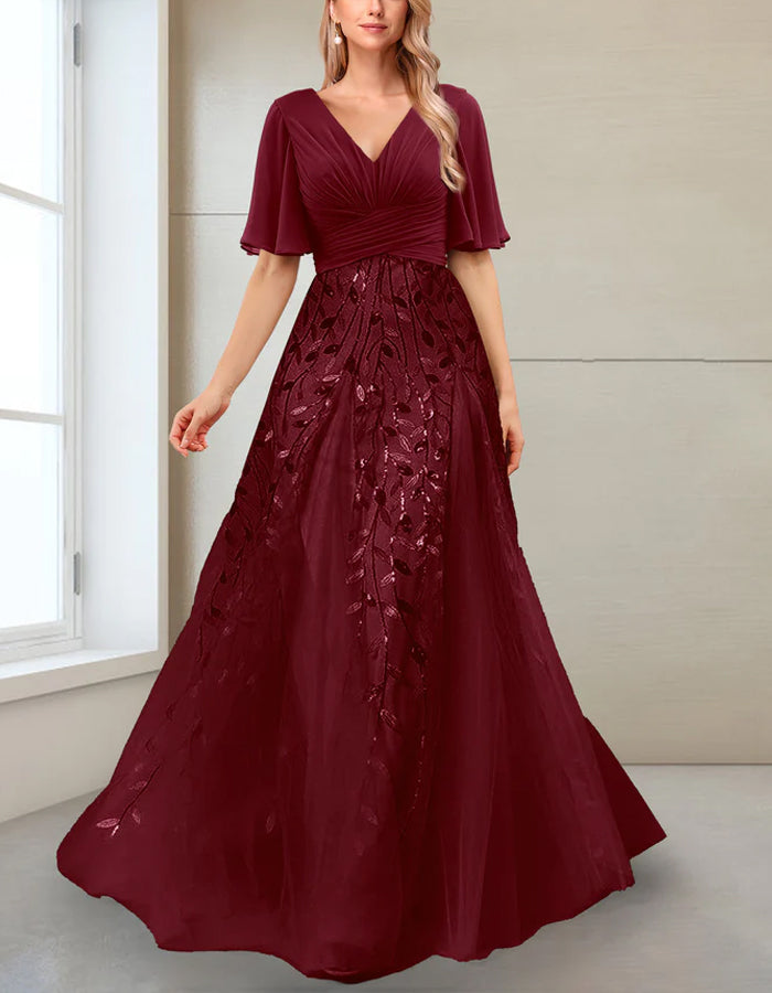 A-line V-neck Half-sleeve Side-slit Mother Of The Bride Maxi Dress