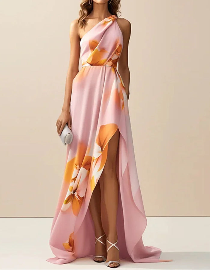 Elegant Satin One-Shoulder Gown with Floral Print and High Slit