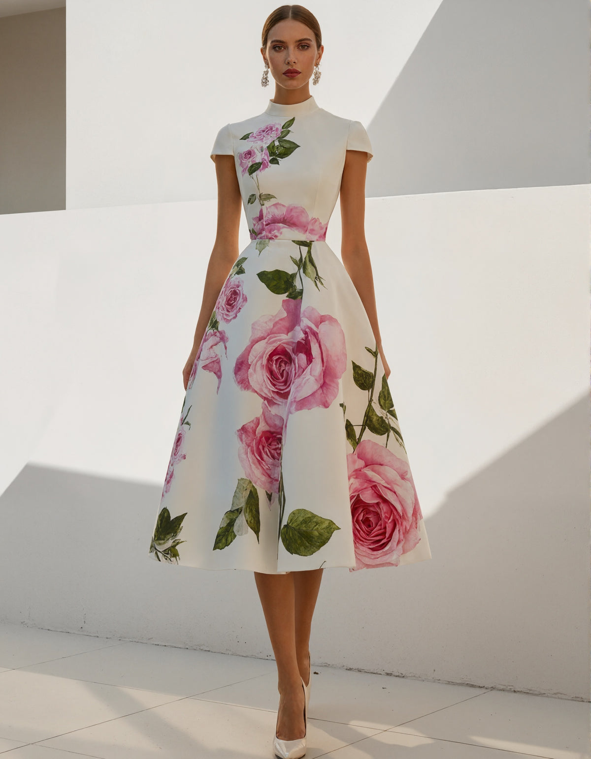 Elegant Satin A-Line Dress with Bold Rose Print and High Neckline