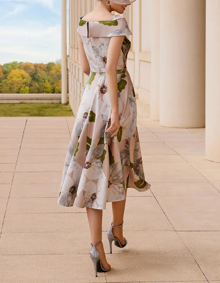 Elegant Blush Satin Midi Dress with Off-Shoulder Collar and Oversized Floral Print