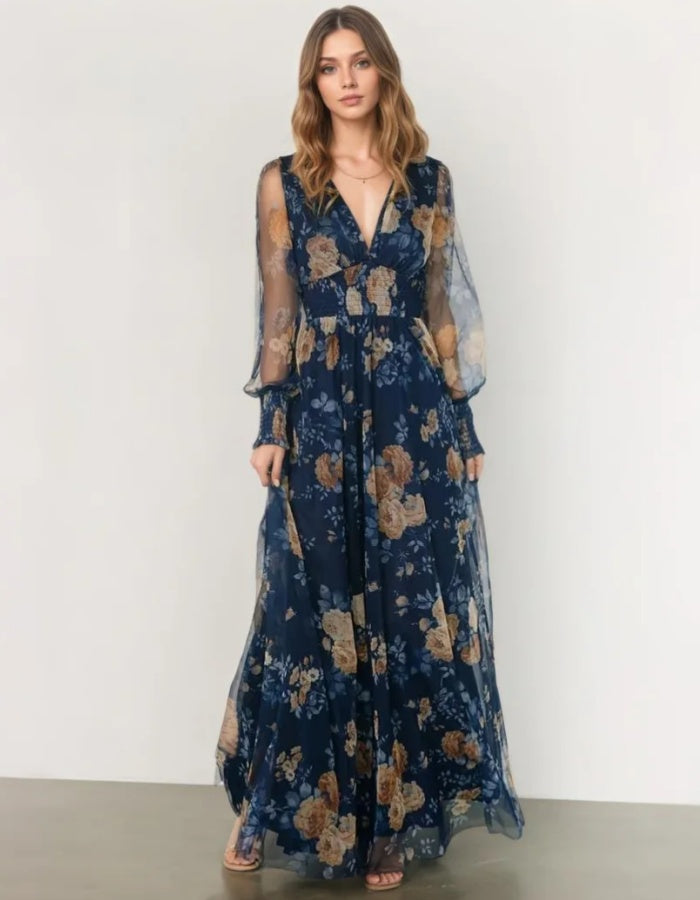Elegant Navy Blue Chiffon Gown with Sheer Sleeves and Vintage Floral Print