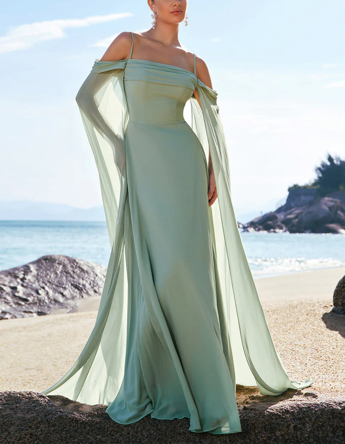 Robe de demoiselle d'honneur vert clair à épaules dénudées avec manches amovibles