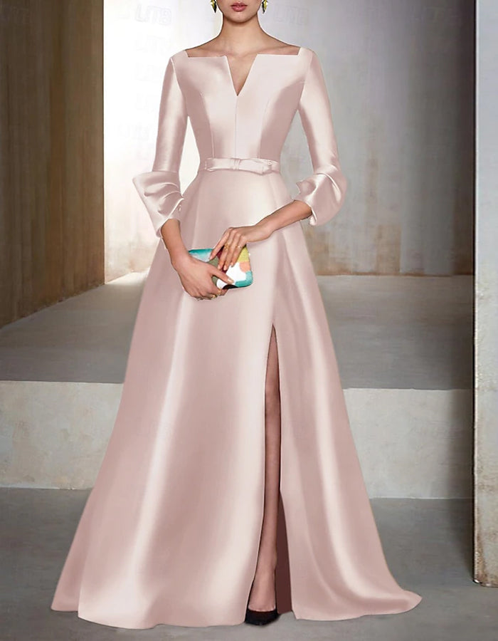 Vestido maxi de satén de cuello en V de manga larga de color liso