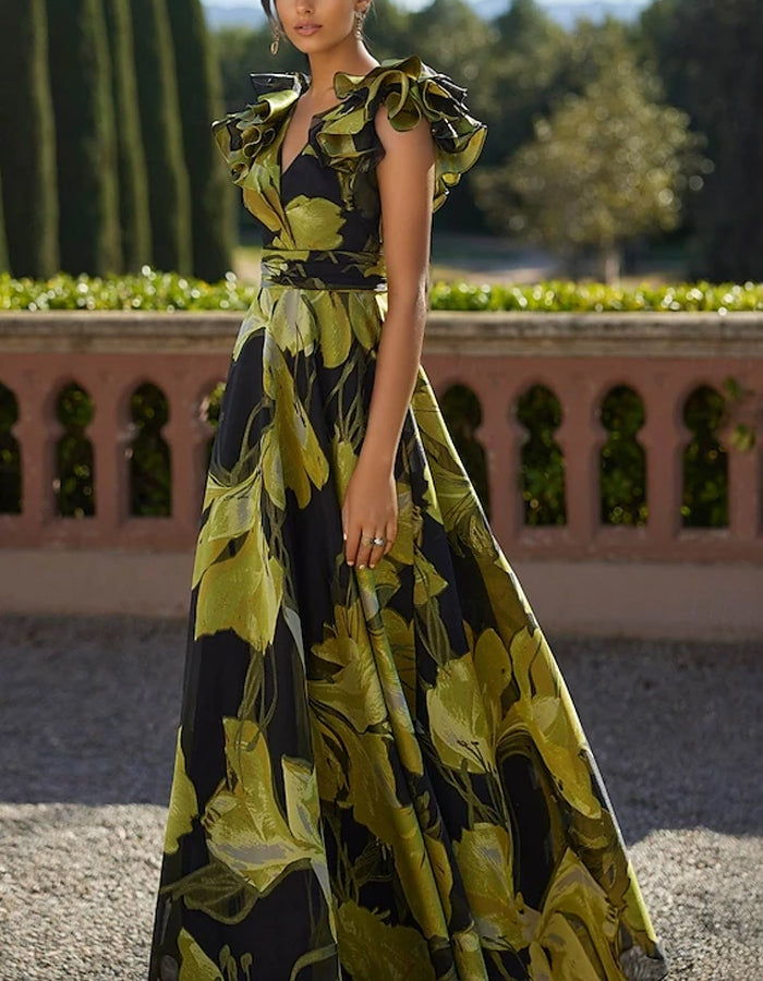 A-line V-neck With Floral Print Maxi Dress – Alizua
