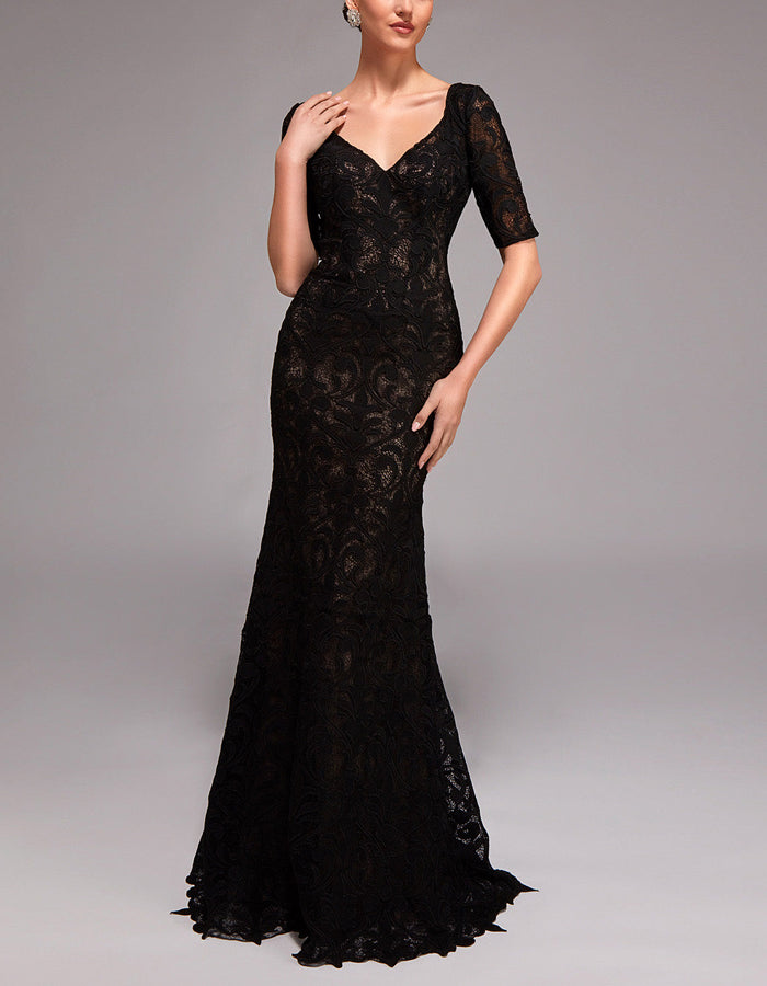 Black V-neck Lace Short Sleeved Maxi Dress