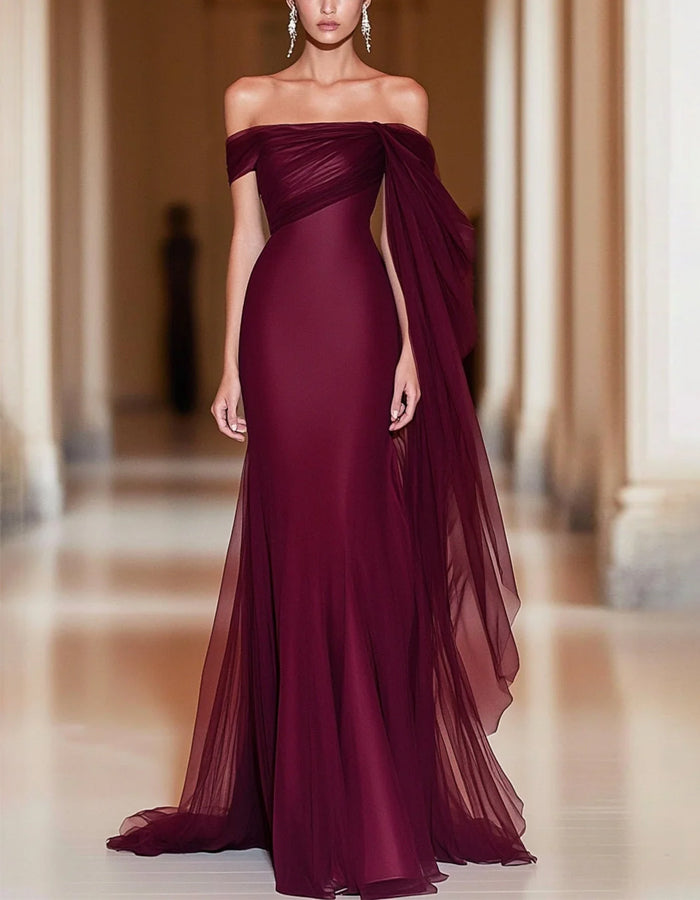 Red Off Shoulder Tulle Maxi Dress