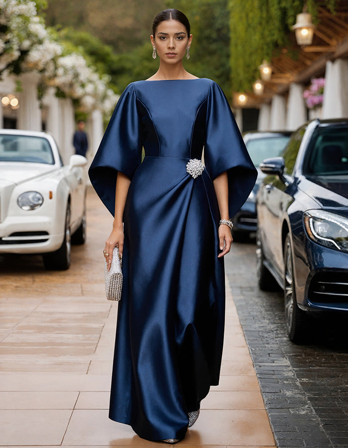 Blue Round Neck Satin Maxi Dress