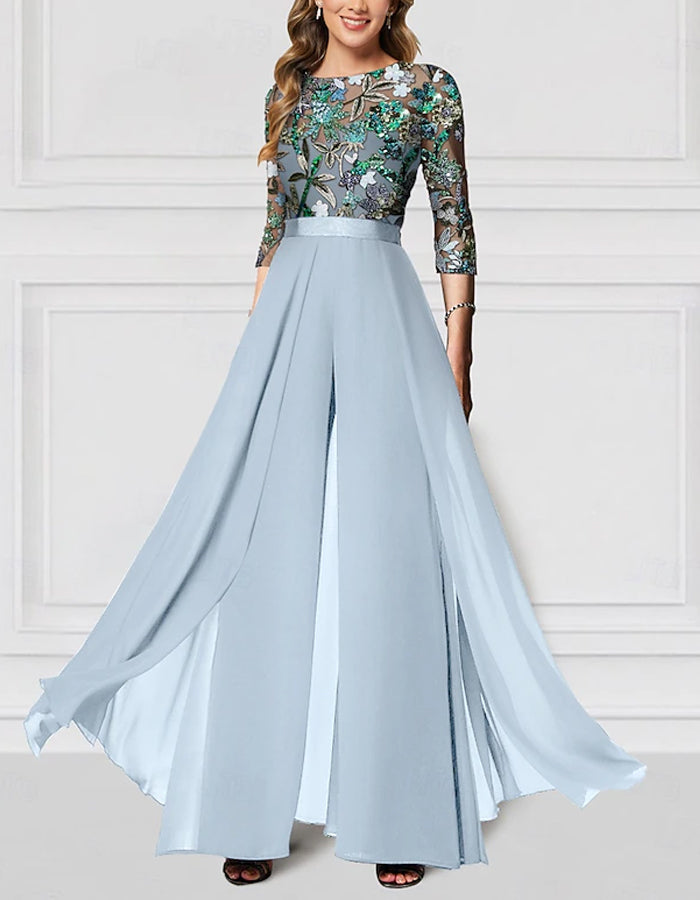 Floral Embroidered New Chiffon Half-Sleeve Sequined Jumpsuit